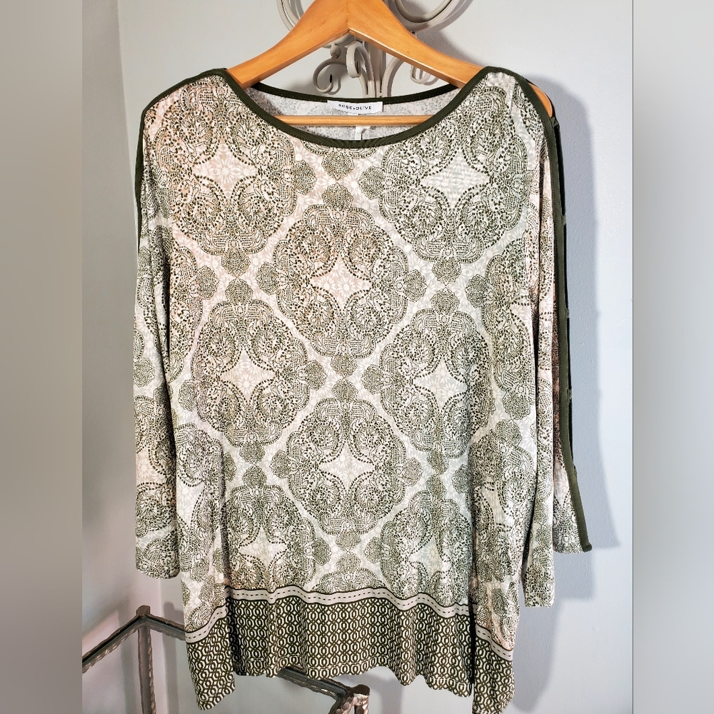 Patterned Dark Green and Cream Women's Top Tunic Size 3X